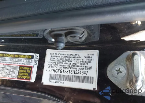 2008 Honda Civic Ex z USA, uszkodzony, nr VIN 2HGFG12818H534647